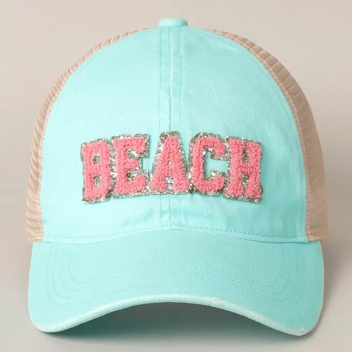 Beach Chenille Letter Patch Mesh Back Baseball Cap- Click to see options