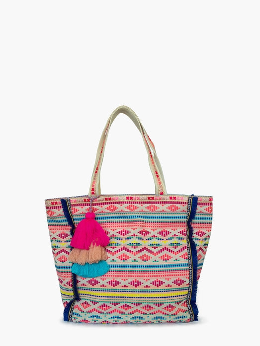 Marguerite Aztec Print Cotton Tote w/ Triple Tassels