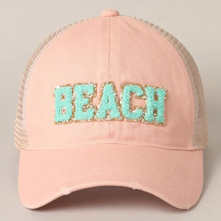 Beach Chenille Letter Patch Mesh Back Baseball Cap- Click to see options