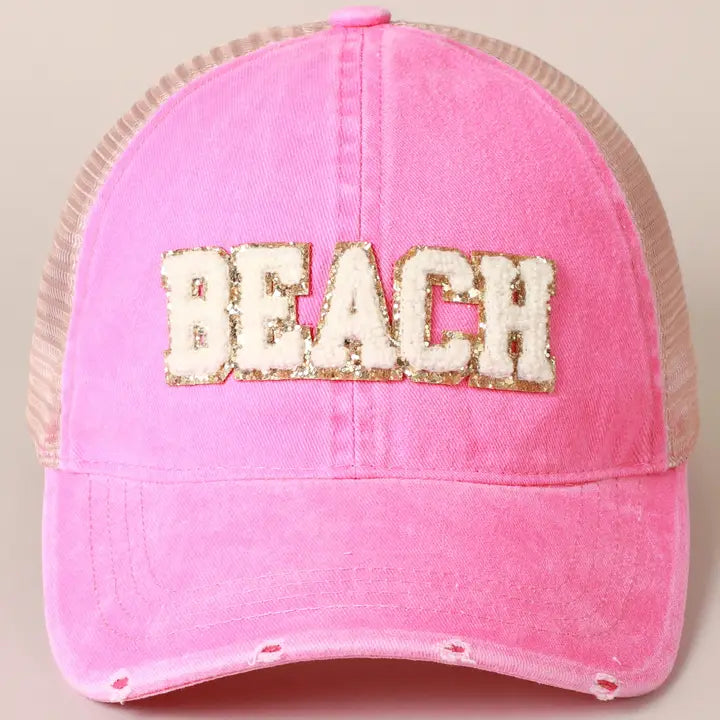 Beach Chenille Letter Patch Mesh Back Baseball Cap- Click to see options