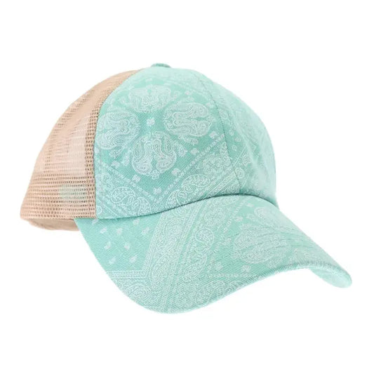 Paisley Bandana Mesh Back Criss Cross High Pony Ball Cap BT1- Pale Mint