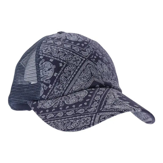 Paisley Bandana Mesh Back Criss Cross High Pony Ball Cap BT1- Navy