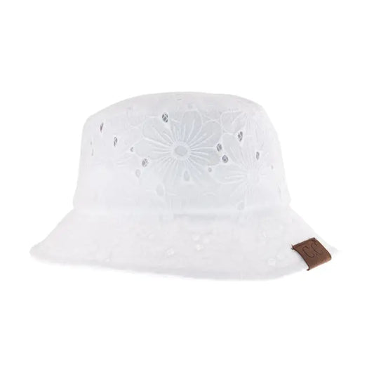 C.C Embroidered Floral Cotton Eyelet Bucket Hat BK1016 - White